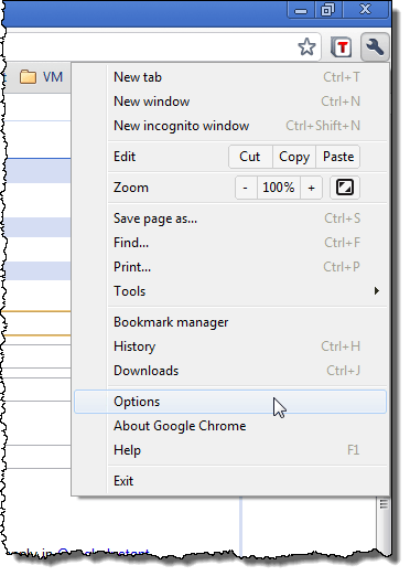 Selecting Options from wrench menu in Chrome