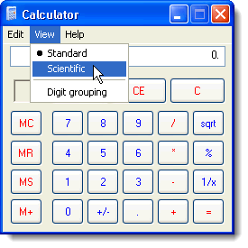 Changing to the Scientific view in the calculator in Windows XP