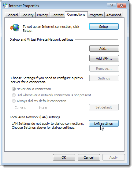 Clicking LAN settings on the Internet Properties dialog box