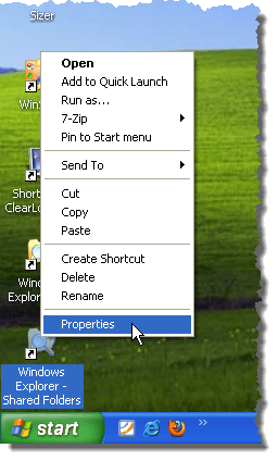 Opening the Properties for the copied shortcut