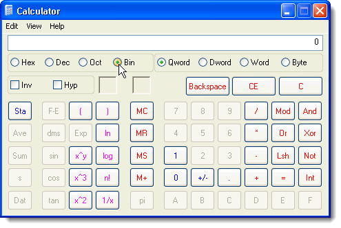 Selecting Binary mode on the calculator in Windows XP
