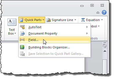 Selecting Field from the Quick Parts drop-down menu