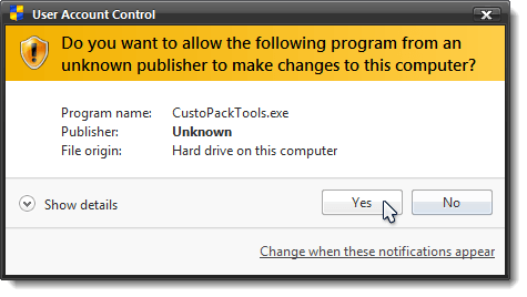 User Account Control dialog box for opening CustoPack Tools