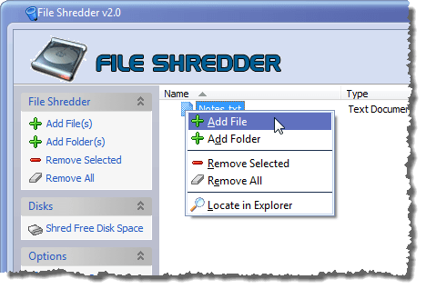 The context menu in File Shredder