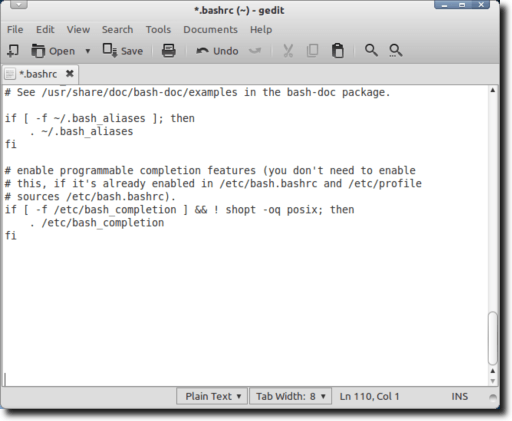 Bashrc in gedit