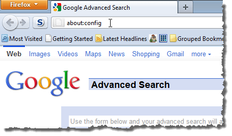 Entering about:config in the address bar