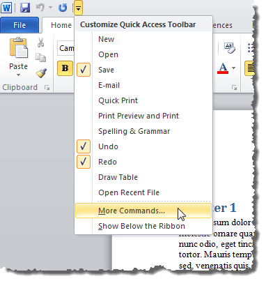 Selecting More Commands from the Quick Access Toolbar menu