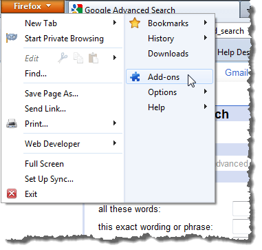Selecting Add-ons from the menu