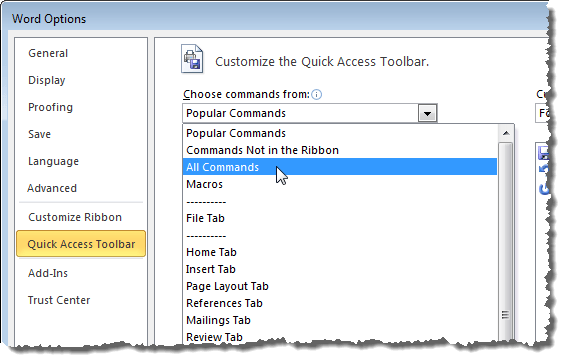 Selecting All Commands from the Choose command from drop-down list