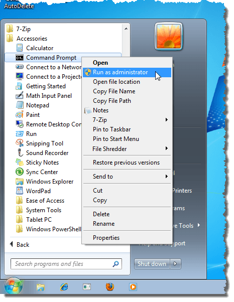 Starting Command Prompt from Accessories on Start menu in Windows 7
