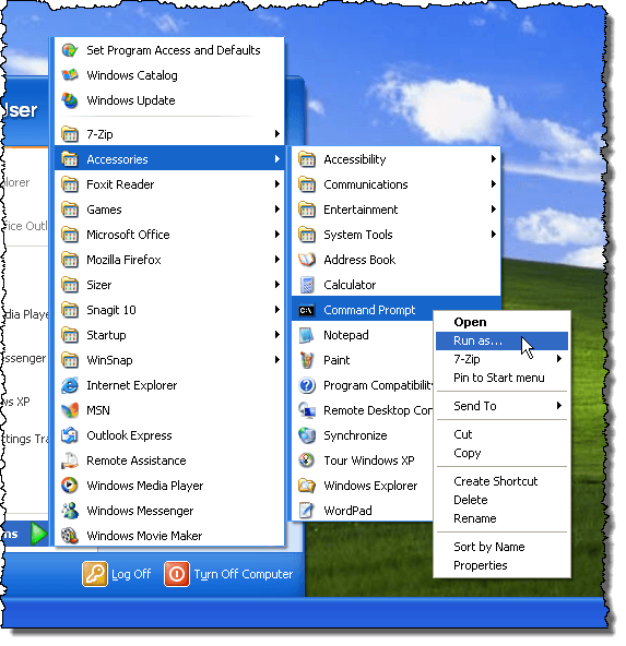 Selecting Run as for cmd in Windows XP