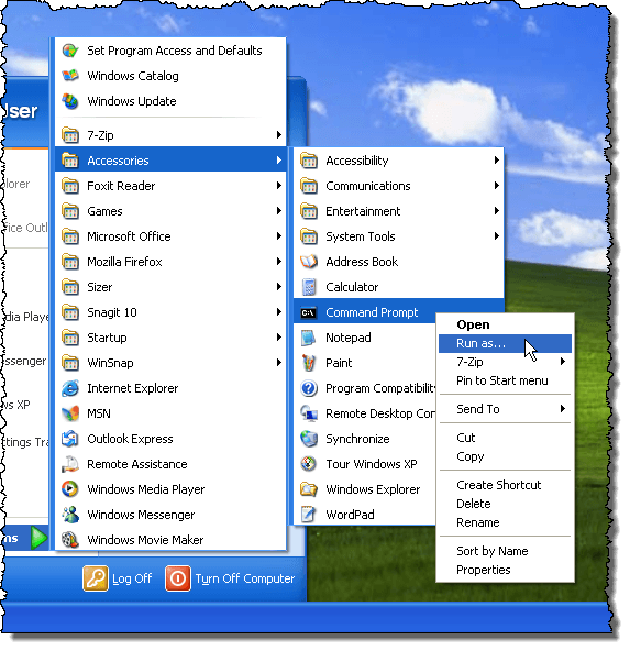 Selecting Run as for Command Prompt in Windows XP