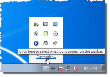 Clicking Customize on the system tray