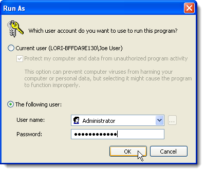 Run As dialog box in Windows XP