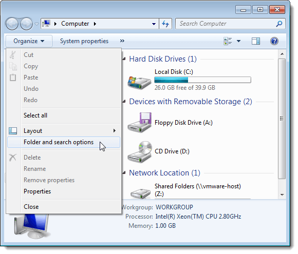 Selecting Folder and search options in Windows 7