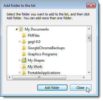 Closing the Add folder to the list dialog box