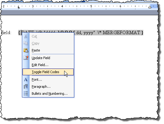 Selecting Toggle Field Codes in Word 2003