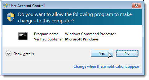 User Account Control dialog box for the Command Prompt in Windows 7