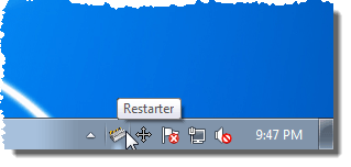 The Restarter icon on the system tray on the Taskbar