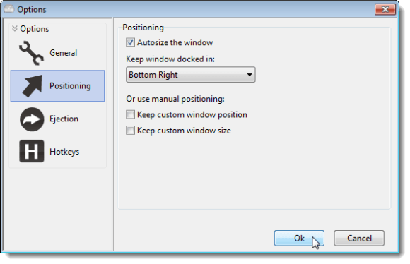 Options dialog box - Positioning screen