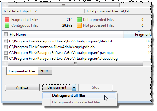 Selecting the Defragment all files option