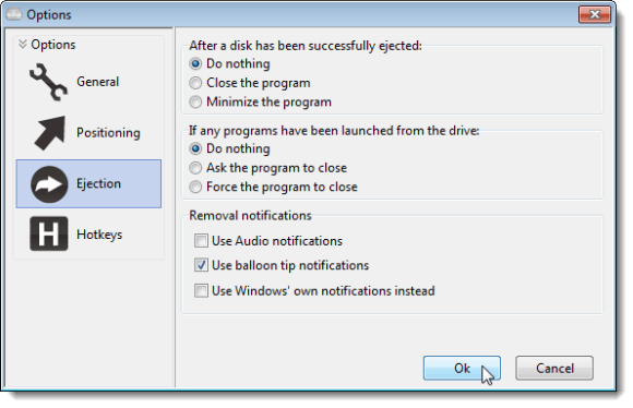 Options dialog box - Ejection screen