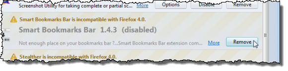 Clicking Remove for Smart Bookmarks Bar