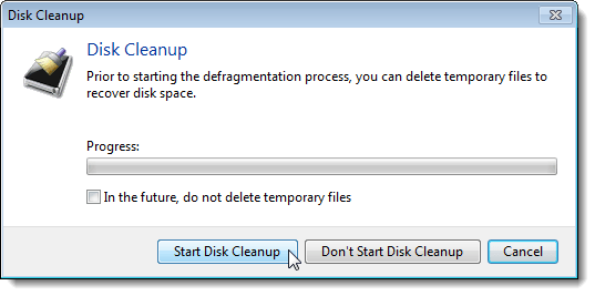 Clicking Start Disk Cleanup button on Disk Cleanup dialog box