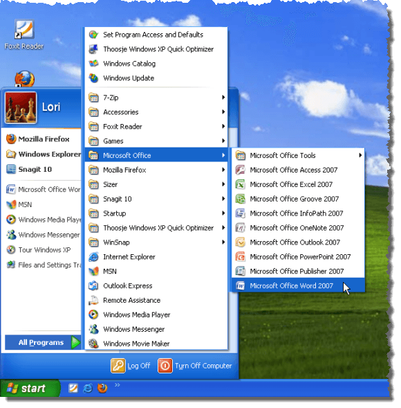 All Programs popup menu in Windows XP