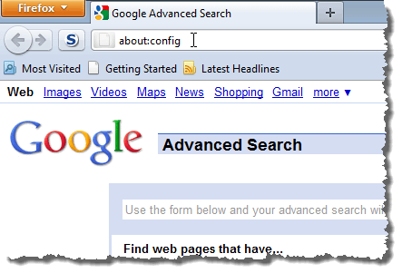 Entering about:config in the address bar