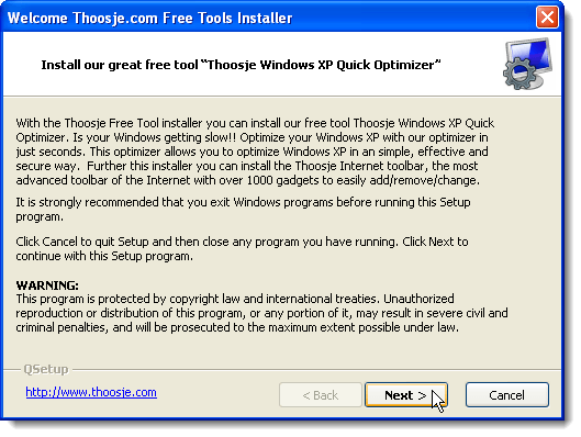 Quick XP Optimizer installer Welcome screen