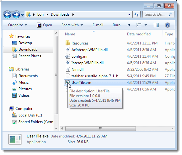 Running the Taskbar UserTile executable file