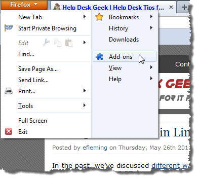 Selecting Add-ons from the Firefox menu