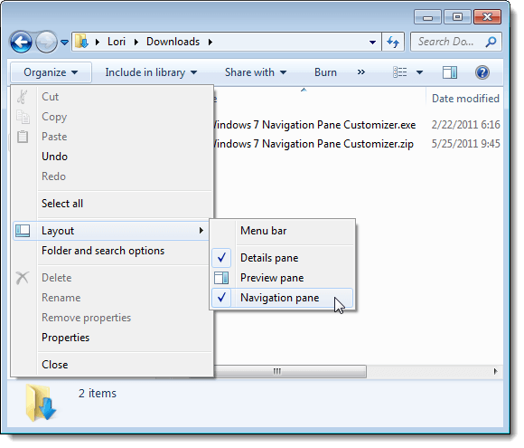 Add / Remove Navigation Pane from Windows Explorer Layout Settings