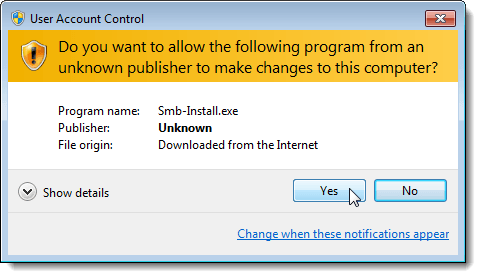 User Account Control dialog box for SwapMouseButtons