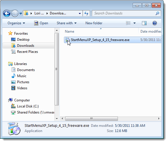 Running the Start Menu XP installation file