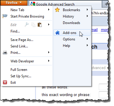 Selecting Add-ons on Firefox menu