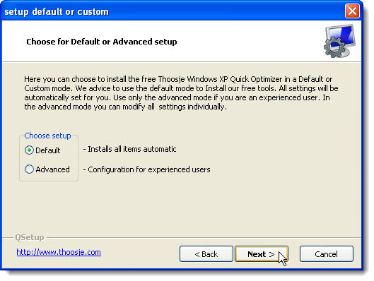 Choosing Default or Advanced setup