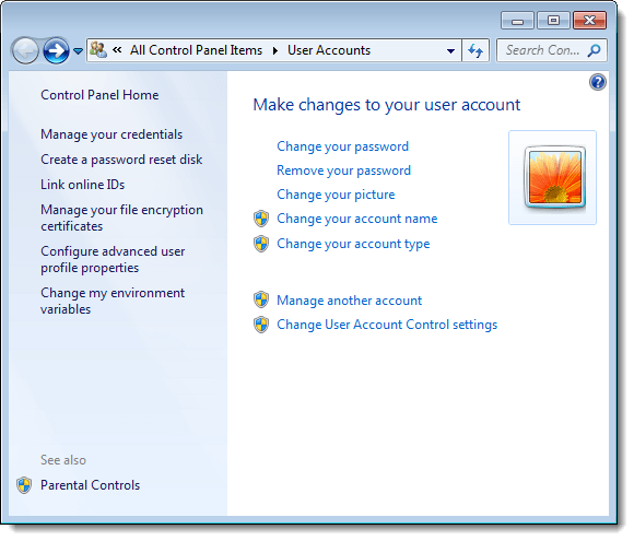 User Accounts window in Control Panel