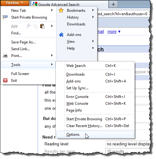 Tools menu available on Firefox menu
