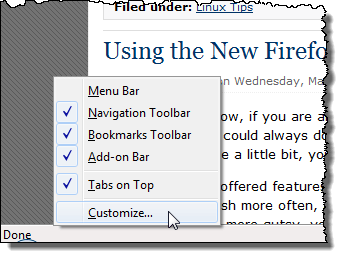 Selecting Customize for the Status bar and toolbars