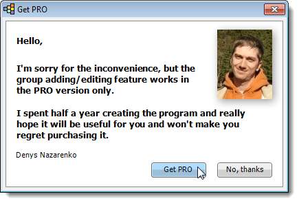 Get PRO dialog box