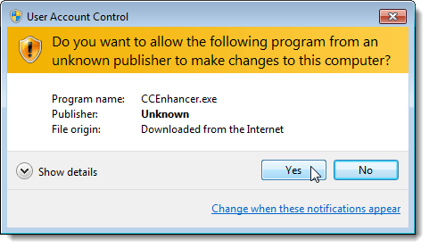 User Account Control dialog box for CCEnhancer