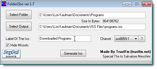 Entering a label for the ISO file
