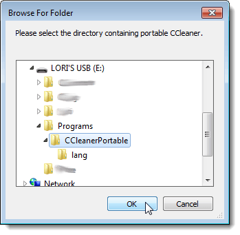 Browsing for CCleaner Portable folder