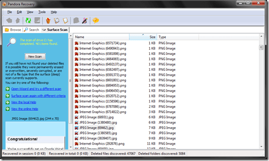 Pandora Recovery Surface Scan Results