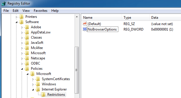 internet explorer internet options grayed out