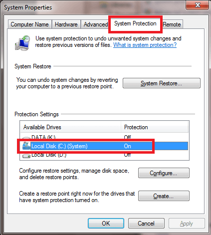 отключить восстановление системы в Windows 7
