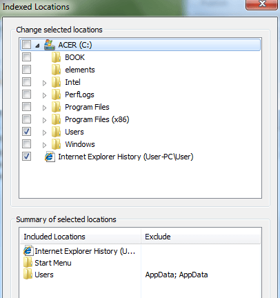 Windows 7810 File Search Indexing Options