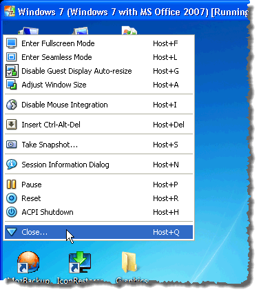 VirtualBox menu options